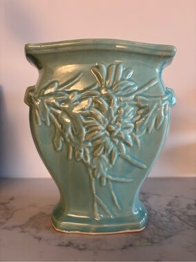 Vintage McCoy Pottery Turquoise Chrysanthemum Vase Art Deco Handles 1950s 7"